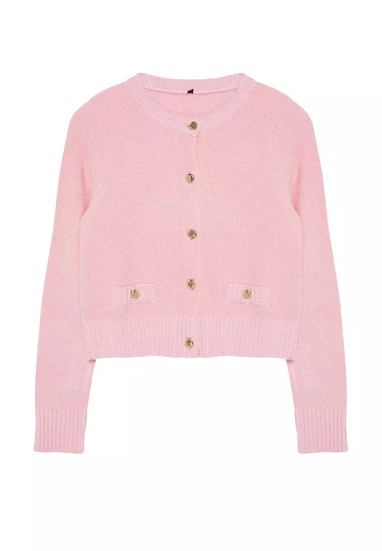 Pink Crop Premium Yarn/Special Yarn Pocket Detailed Jacket-Look Knitwear Cardigan TWOAW24HI00051