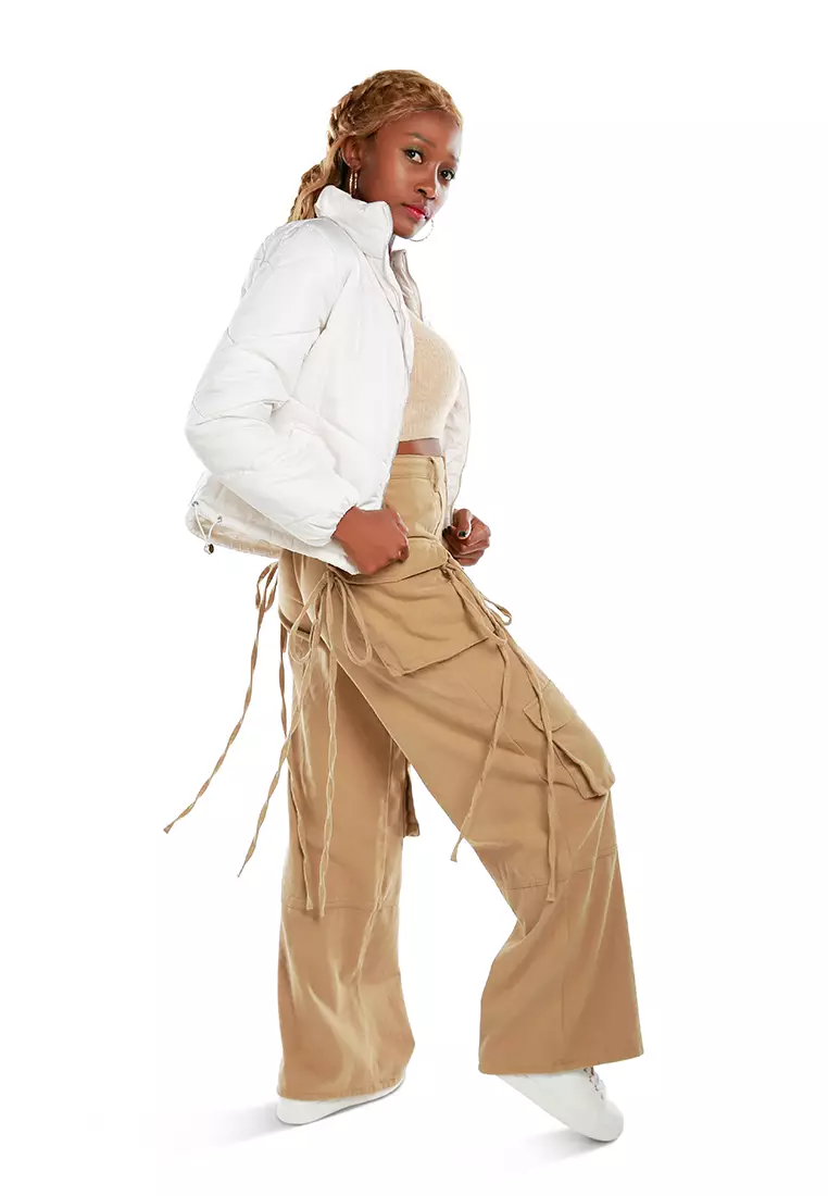 实用抽绳口袋长裤 驼色