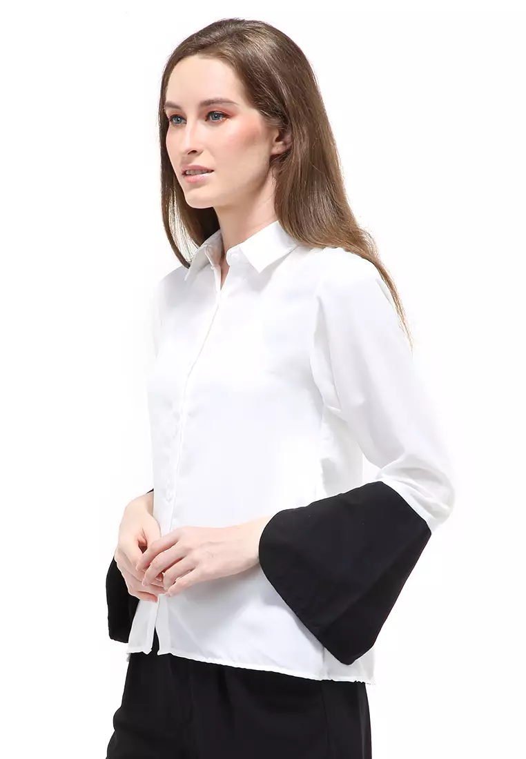 Sahila Blouse Short Sleeves Wanita Motif Polos Atasan Casual - Putih