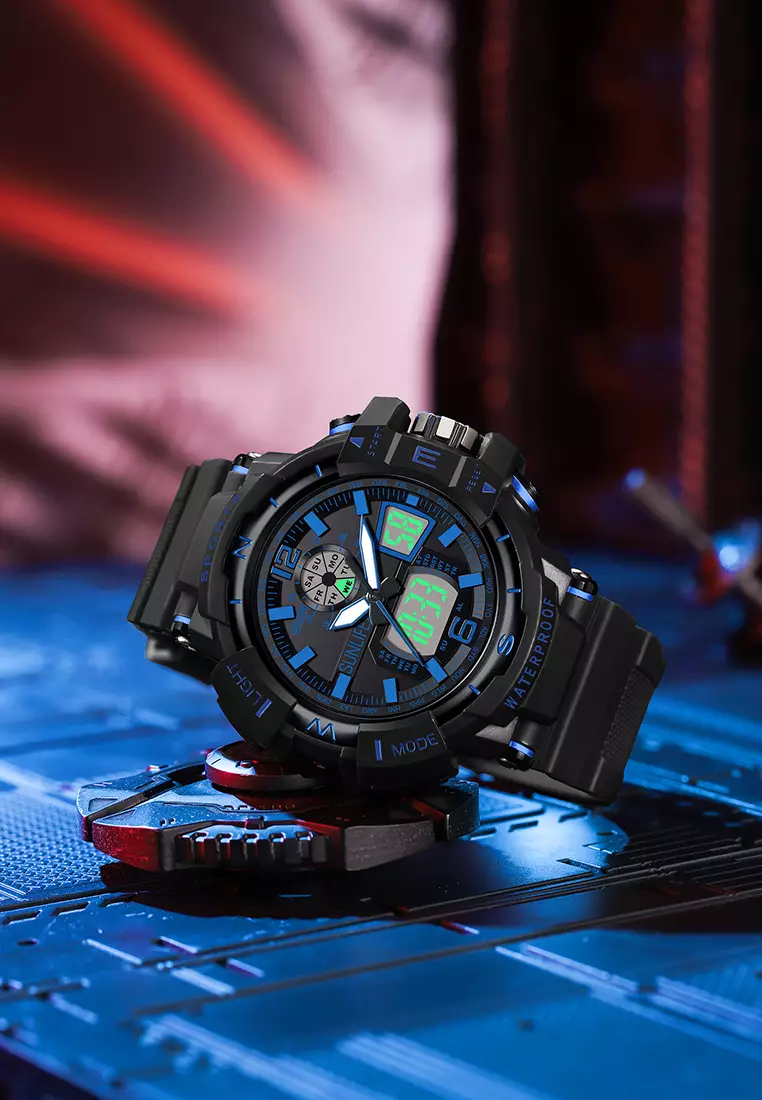Jam Tangan Pria Digital&Analog Olahraga Bercahaya Multifungsi Alarm Jam Tangan Cowok D007 blackblue