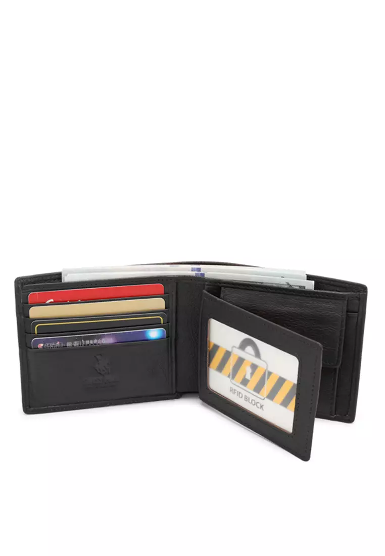 Men's RFID Blocking Tri Fold Wallet with Coin Compartment - Black