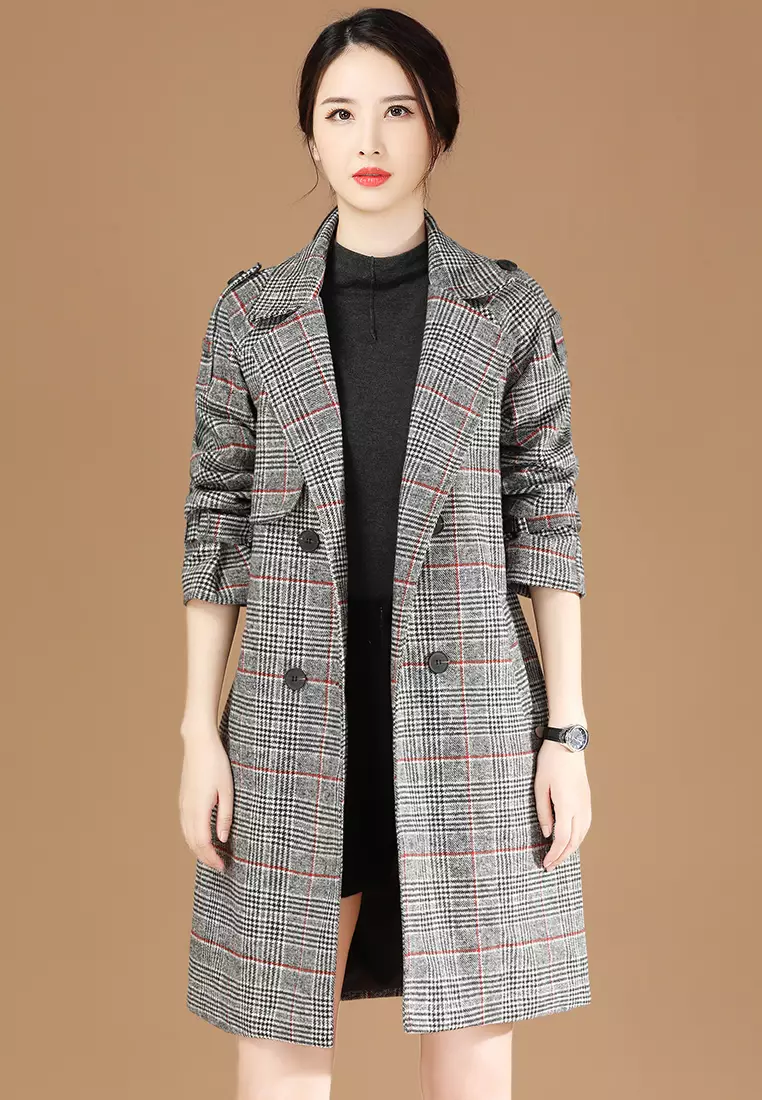 Vintage lapel collar check hot sale printed winter long coat