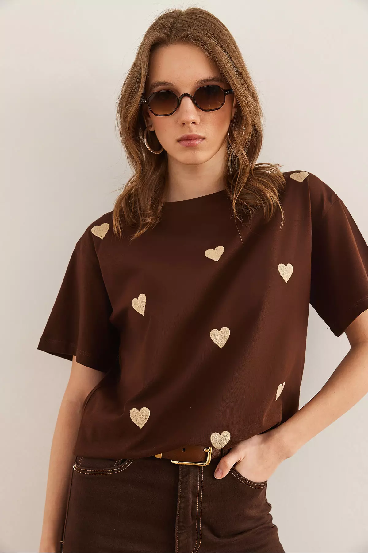 Women's Brown Heart Embroidered Cotton Regular Fit T-Shirt Tsh- 19000864
