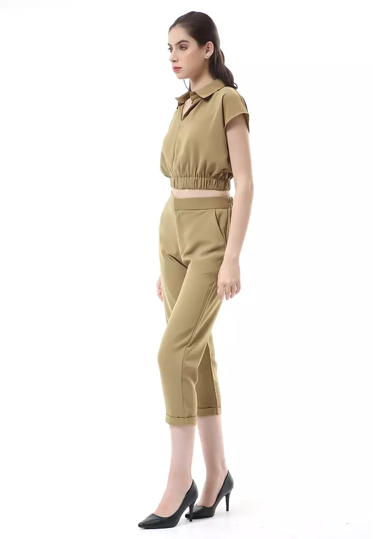 Nayra One Set Setelan Atasan Crop Karet Lengan Pendek Basic Pants Wanita Material Dolce ORIGINAL - Kiwi