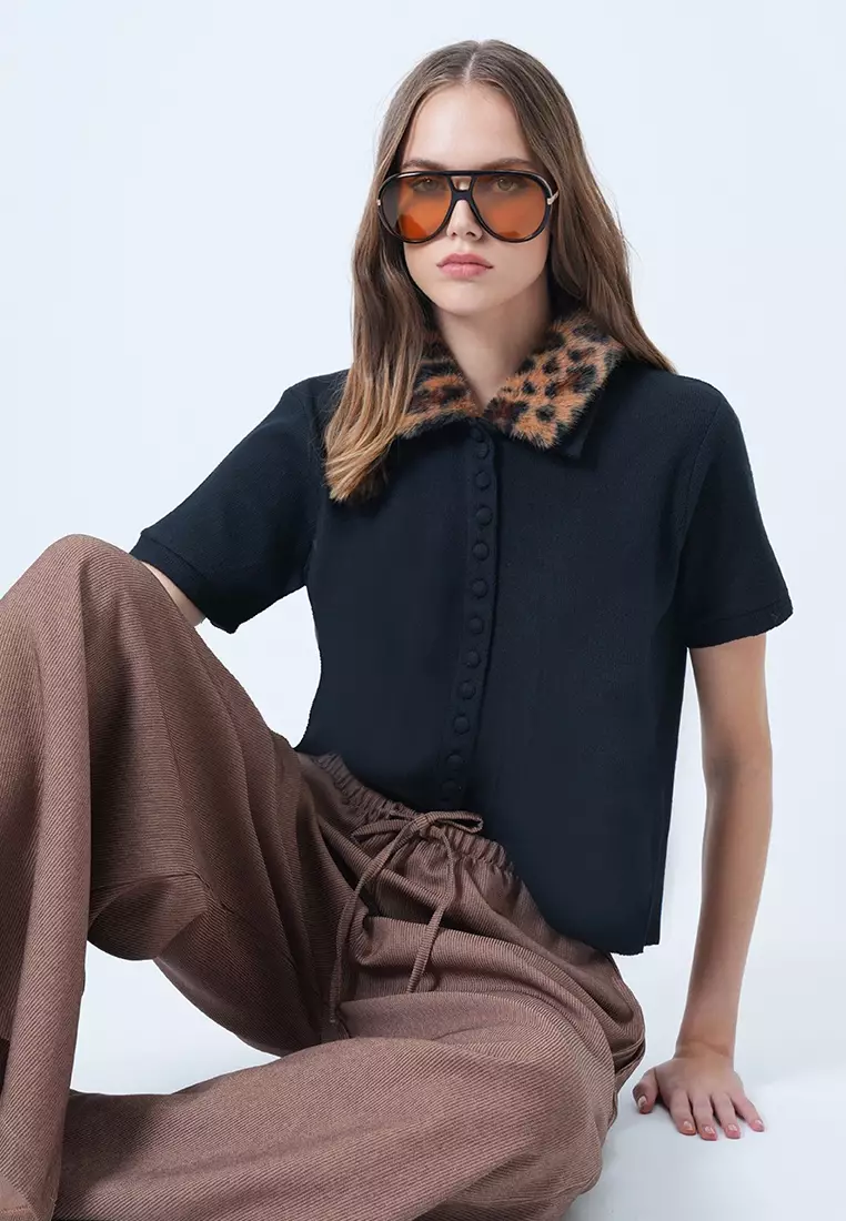 Leopard Detachable Fur Detailed Knitted Blouse