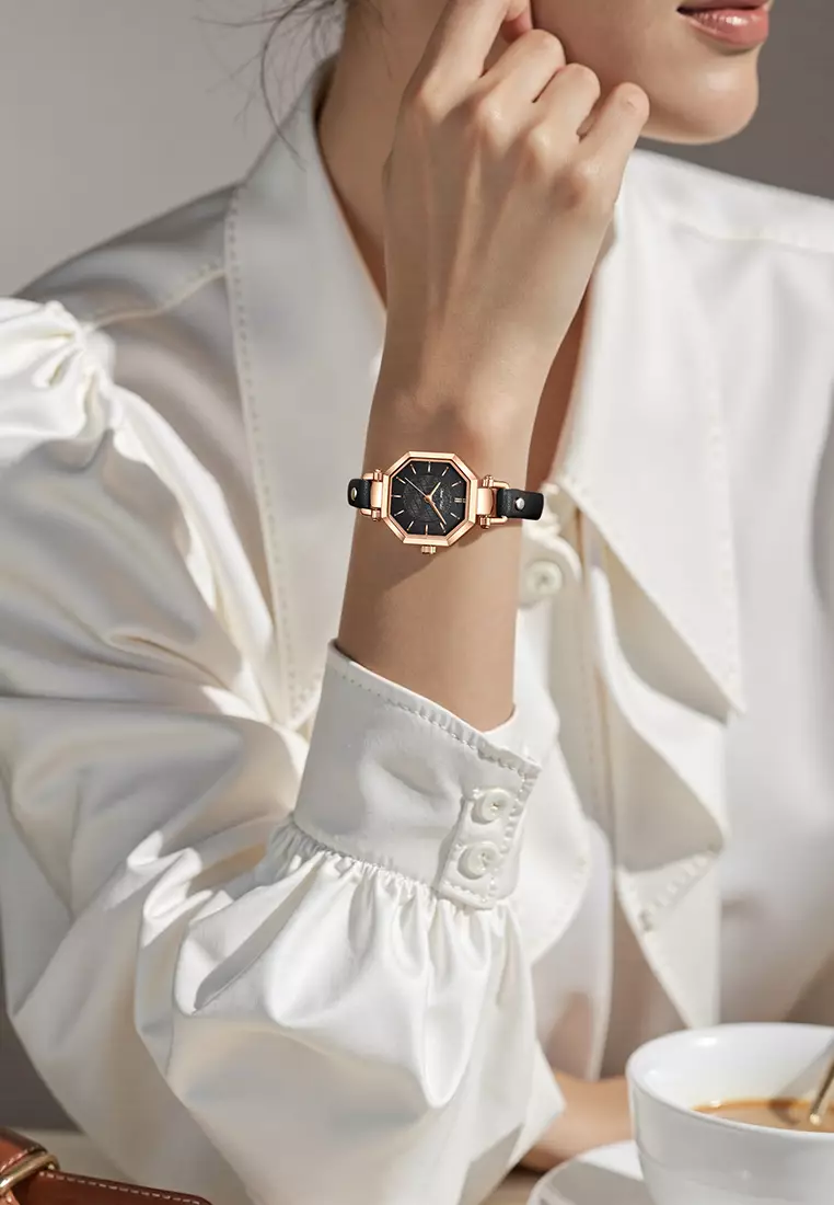 Jam Tangan Wanita Korea Anti Air Original Kuarsa Wanita Tali Kulit Jam Tangan Cewek Kotak Indah black