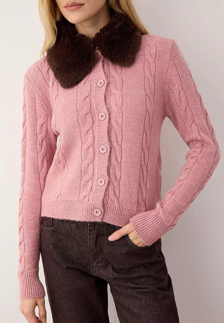 Pink Crop Fur Detailed Fitted/Full Body Knit Cardigan