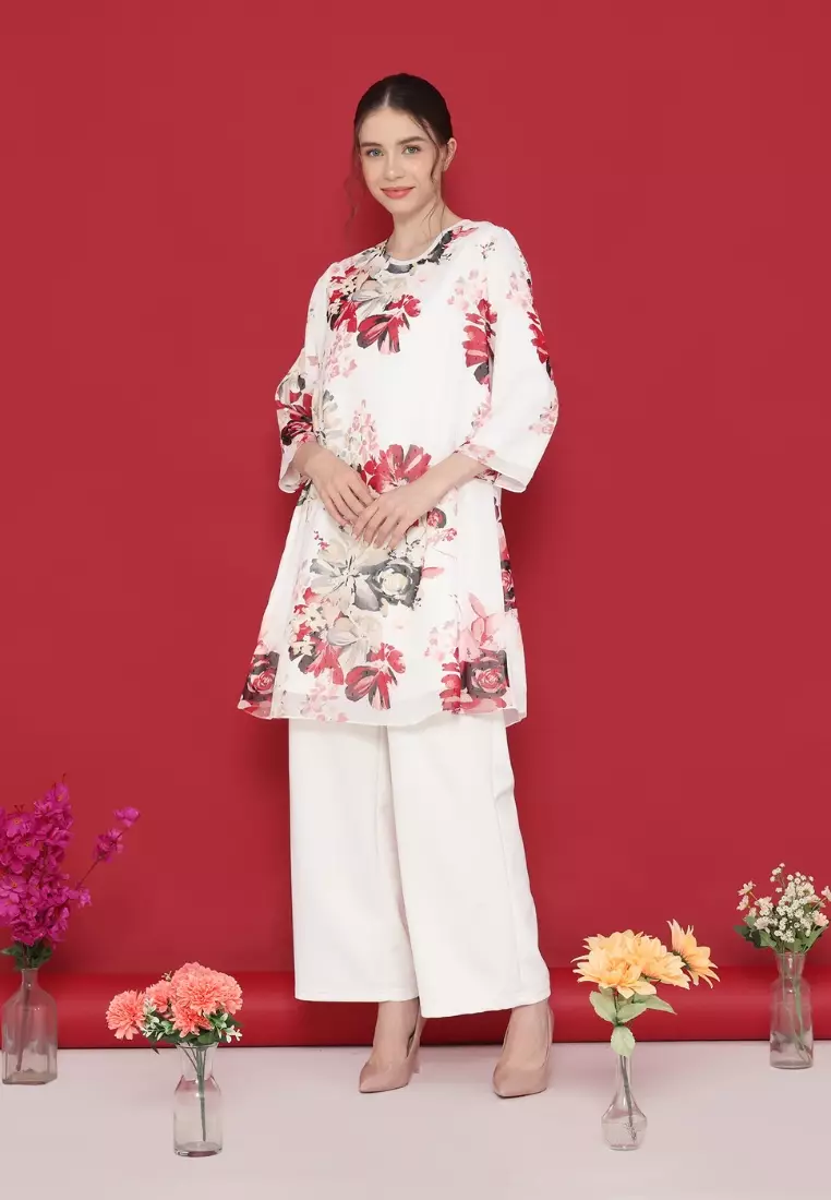 Tunik Sifon panjang wanita modis bahan ringan dengan desain floral kekinian By Brilliant Girl Warna PUTIH