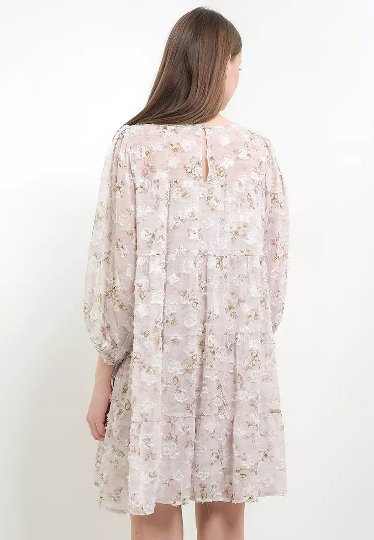 5 Tier Flo Print Furry Jacquard Dress