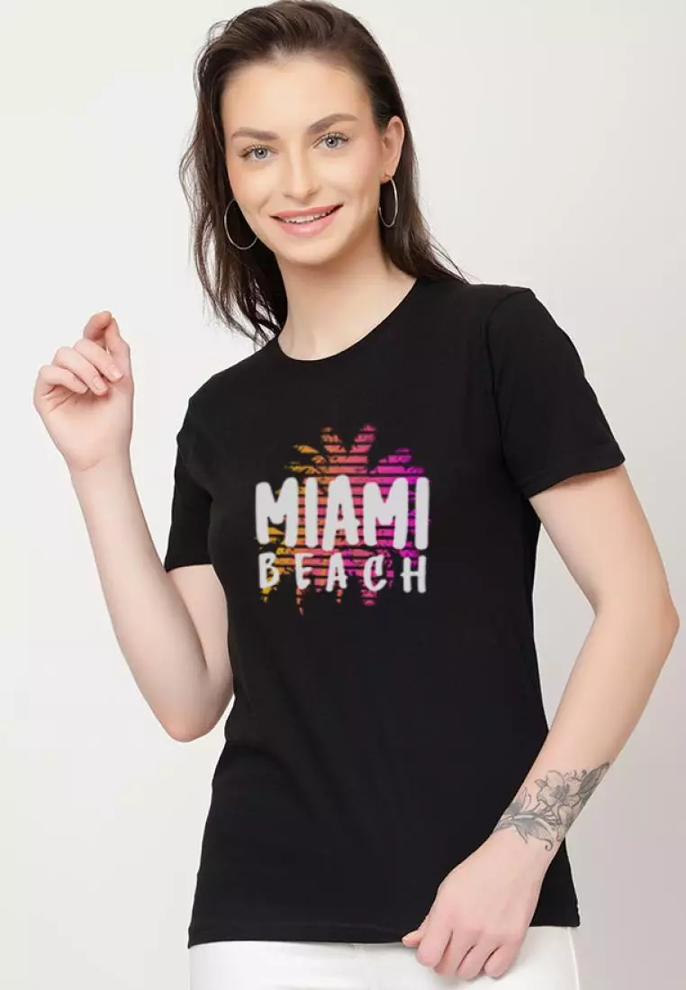 Miami Beach Relaxed Short Sleeve Stylish Black Cotton Casual Graphic Print Tee/TShirt
