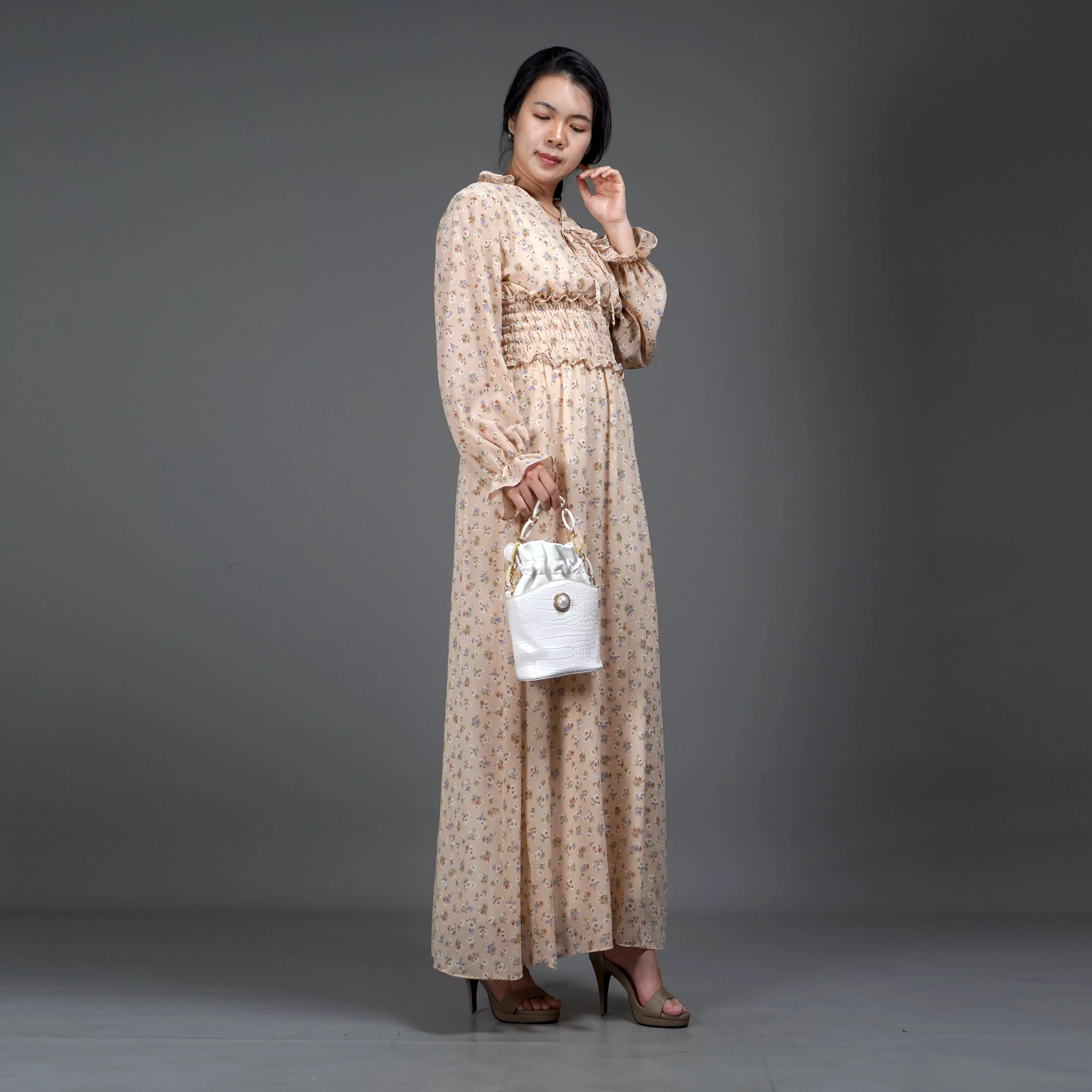  Dress SHALMA Long Dress Sifon Gaun Panjang Gaya Korea - Krem