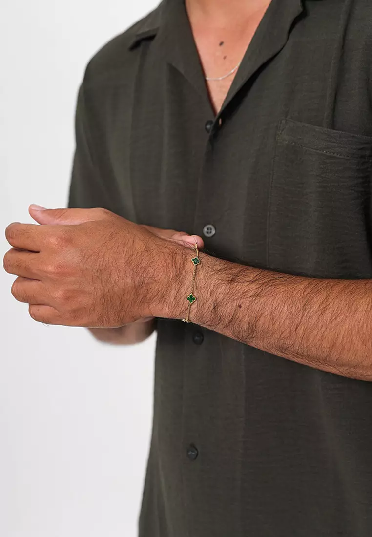 Men's Silver Green Enamel Clover Bracelet – Gold-Plated