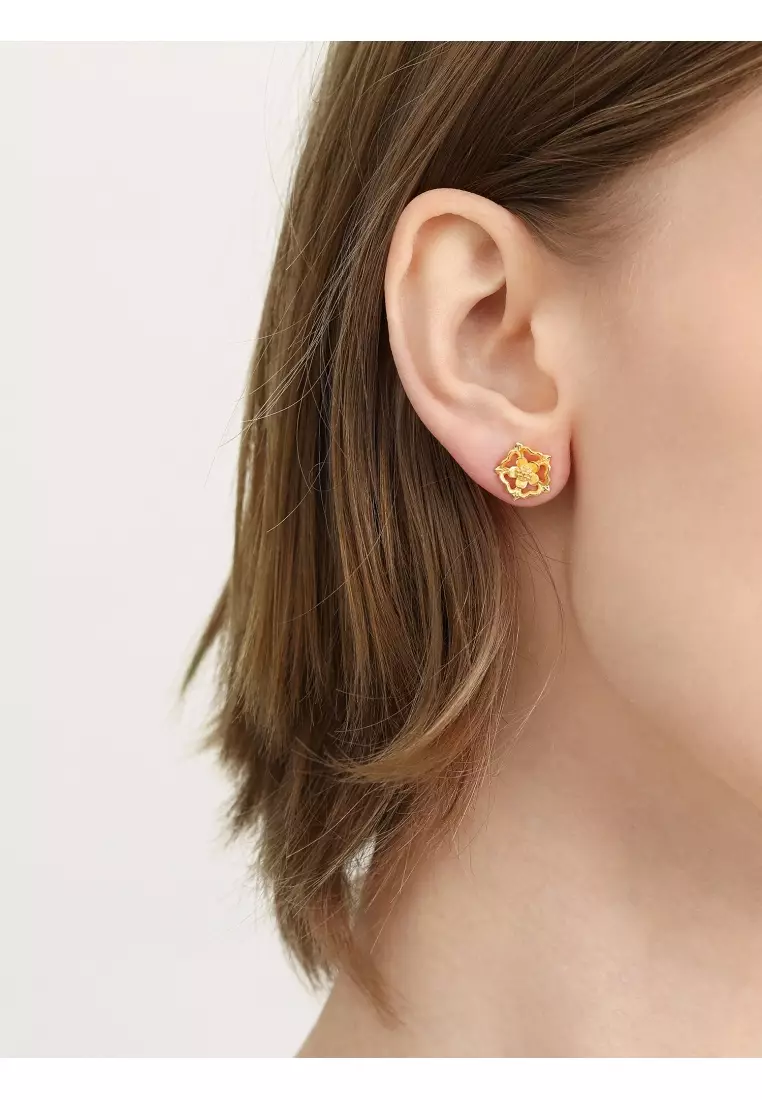 999 24K Gold Royal Roses Single Stud Earring for Women 93269E (Sold Single Not Pair)