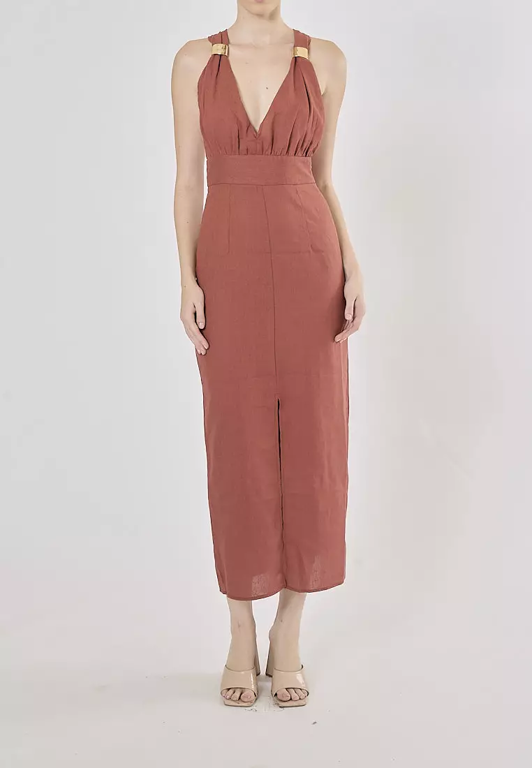 Buy Love, Ara Daria Red Wood V-Neck Back Hollow Out Midi Dress 2024 ...