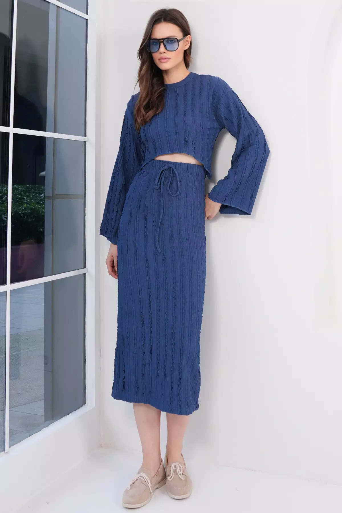 Navy Blue Asymmetrical Cut Blouse And Skirt Set With Stitching Detail Alc-X14808