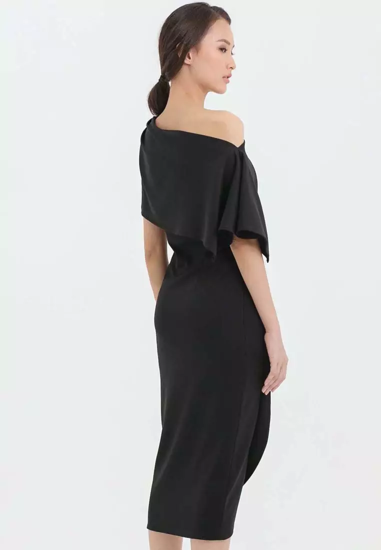 Asymmetric Neck Overlap Scuba Dress in Black