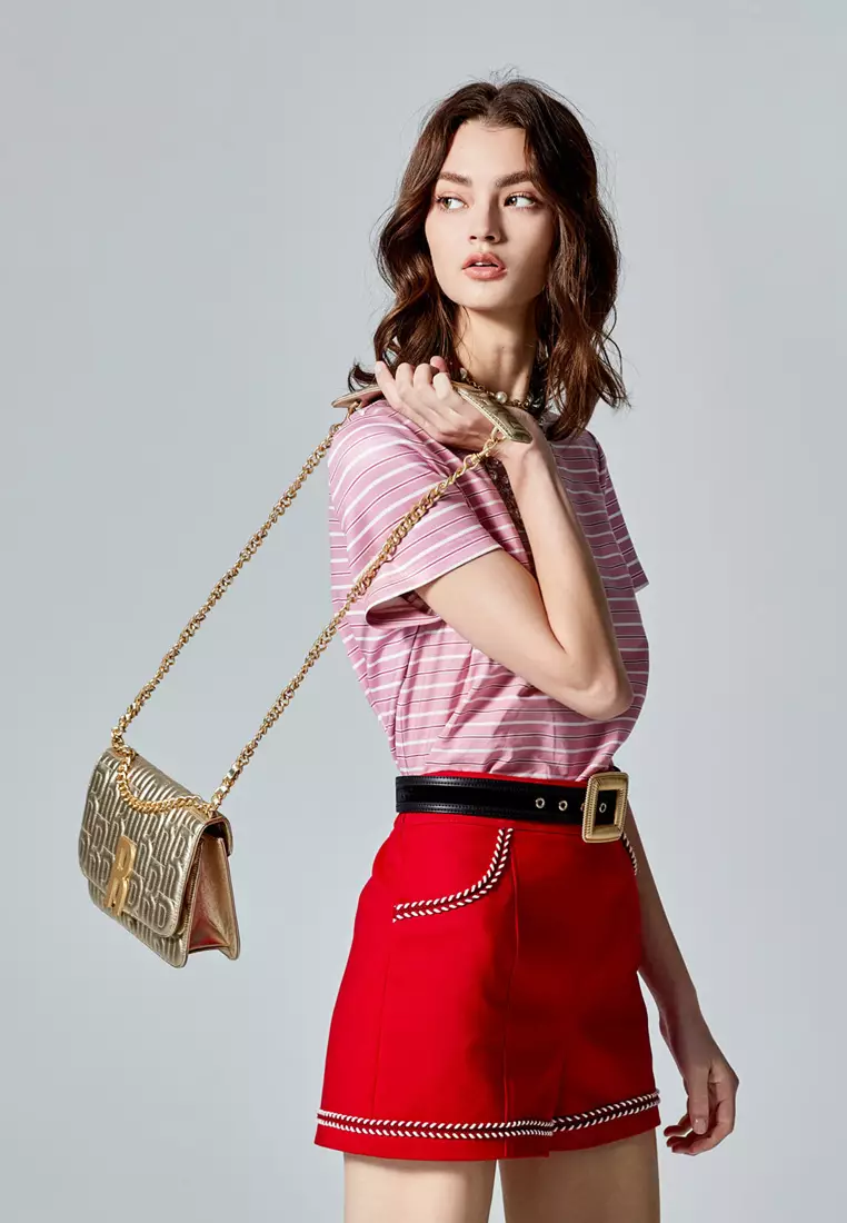 Stripe Print Short Sleeve Pink Top