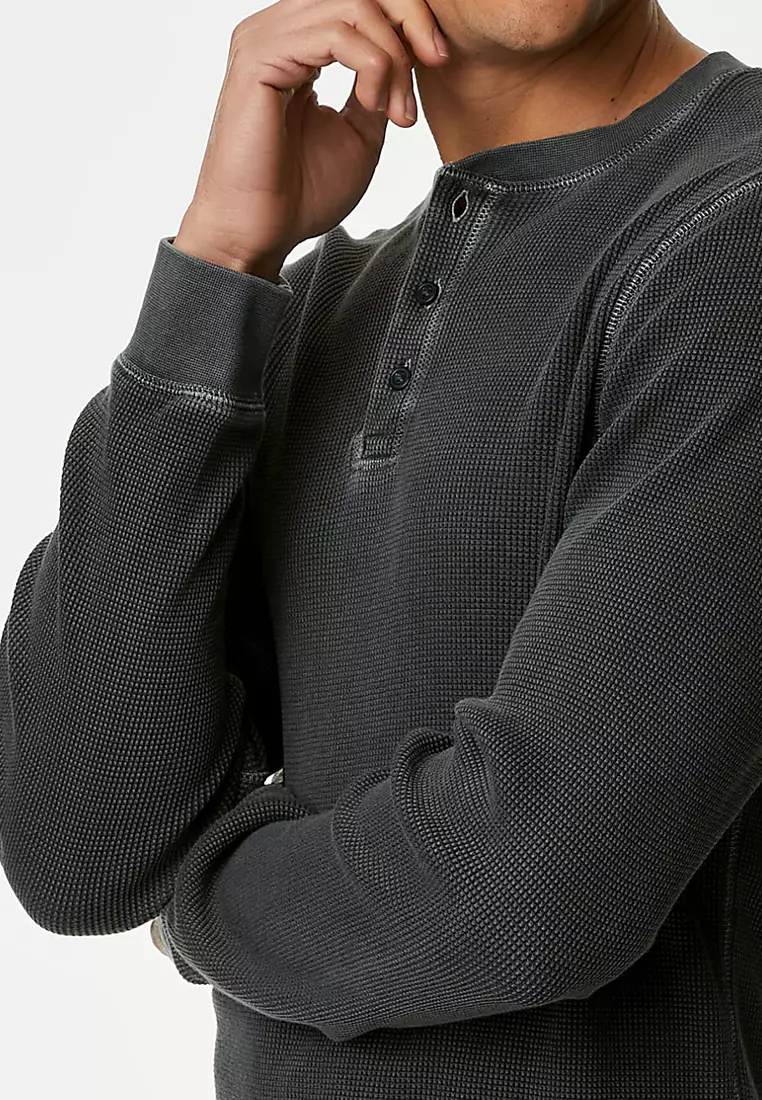 Pure Cotton Waffle Henley Long Sleeve Top
