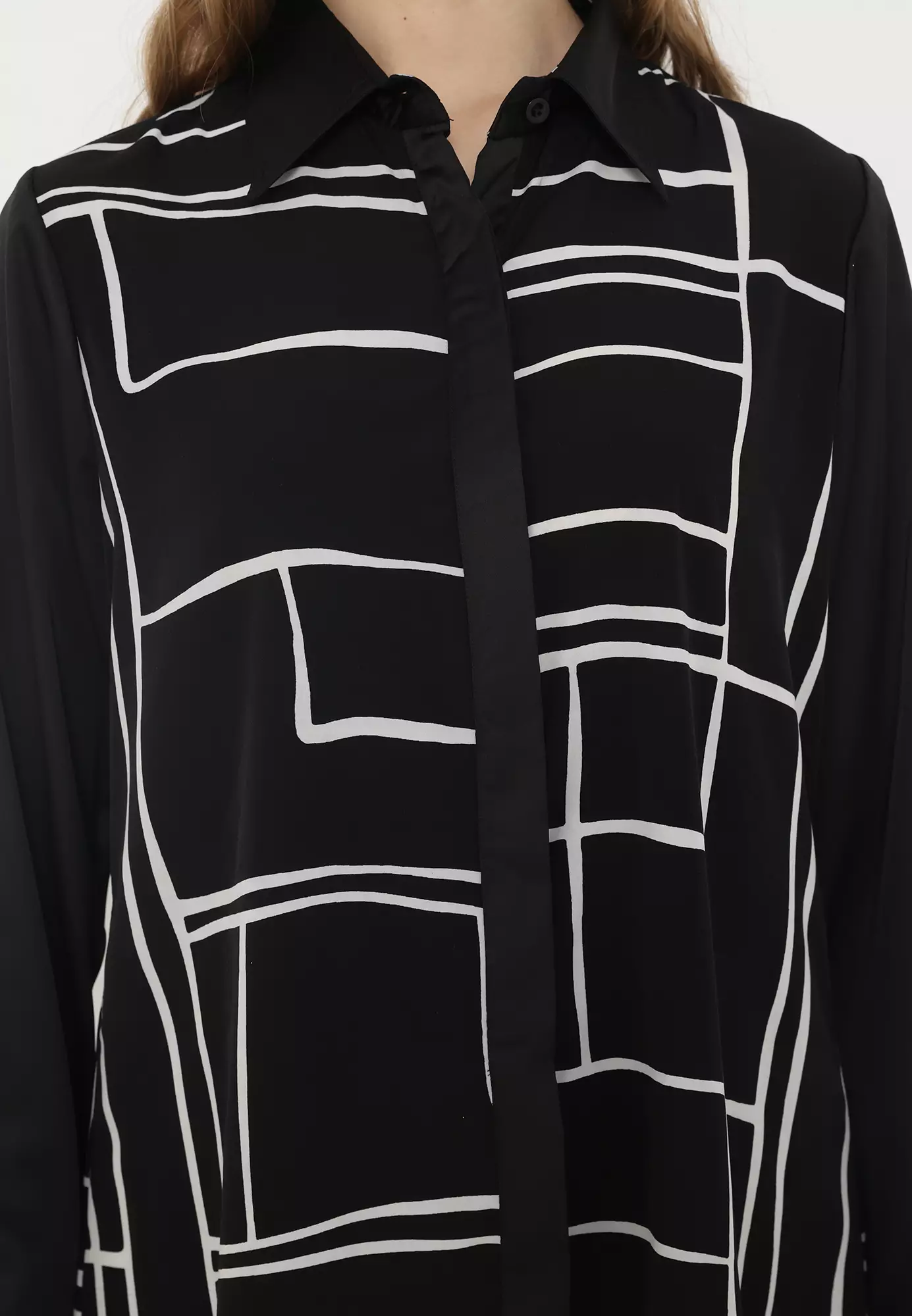 Shirt Black Cotton Geometric Catton - Casual Elegan Long Sleeve Arlette By Brilliant Girl Warna Hitam