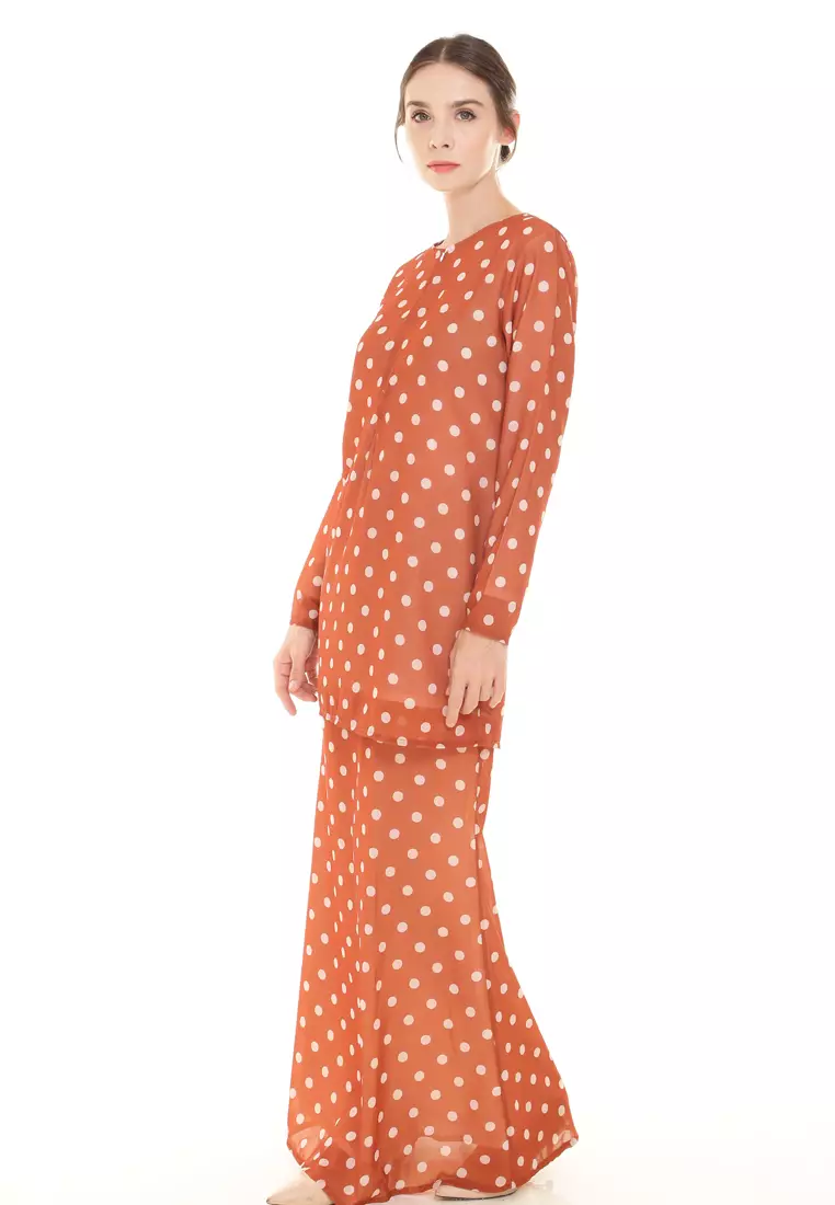 Rina Printed Kurung in Brick Orange Polka Dot