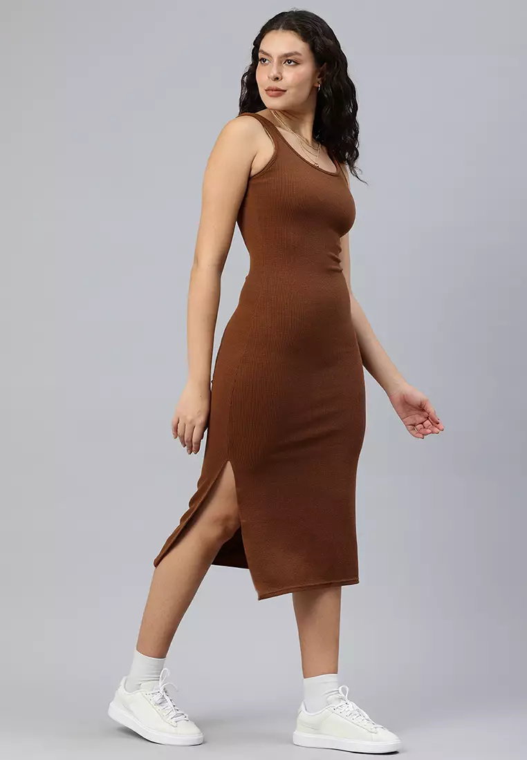 Ribbed Knit Slit Tank Dress In Brown