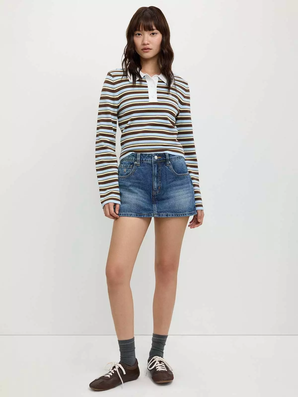 Pomelo - Top Wanita - Long Sleeve Striped Polo Crop Top - Brown