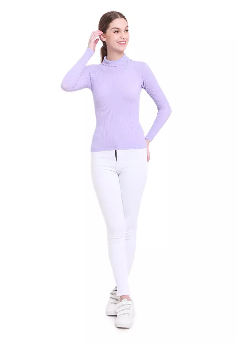Misel Sweater Rajut Turtle Neck Long Sleeves Atasan Ribbed Wanita - Lavender