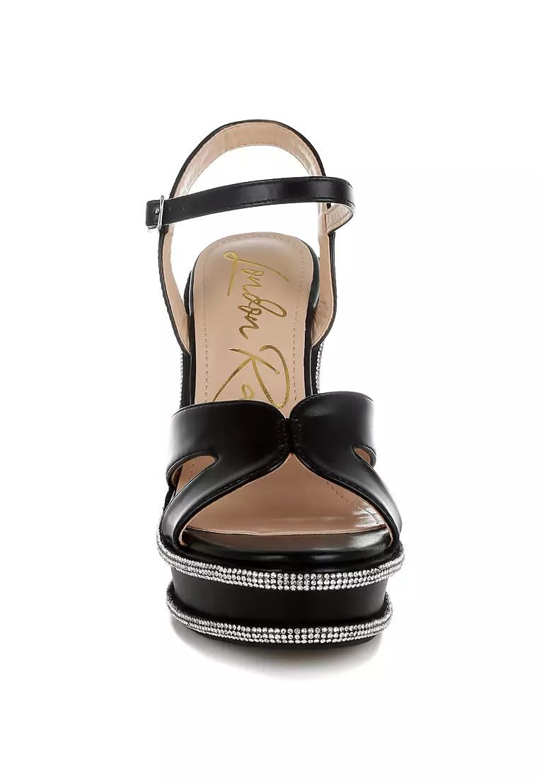 Sandal wedges berhiaskan berlian imitasi warna hitam