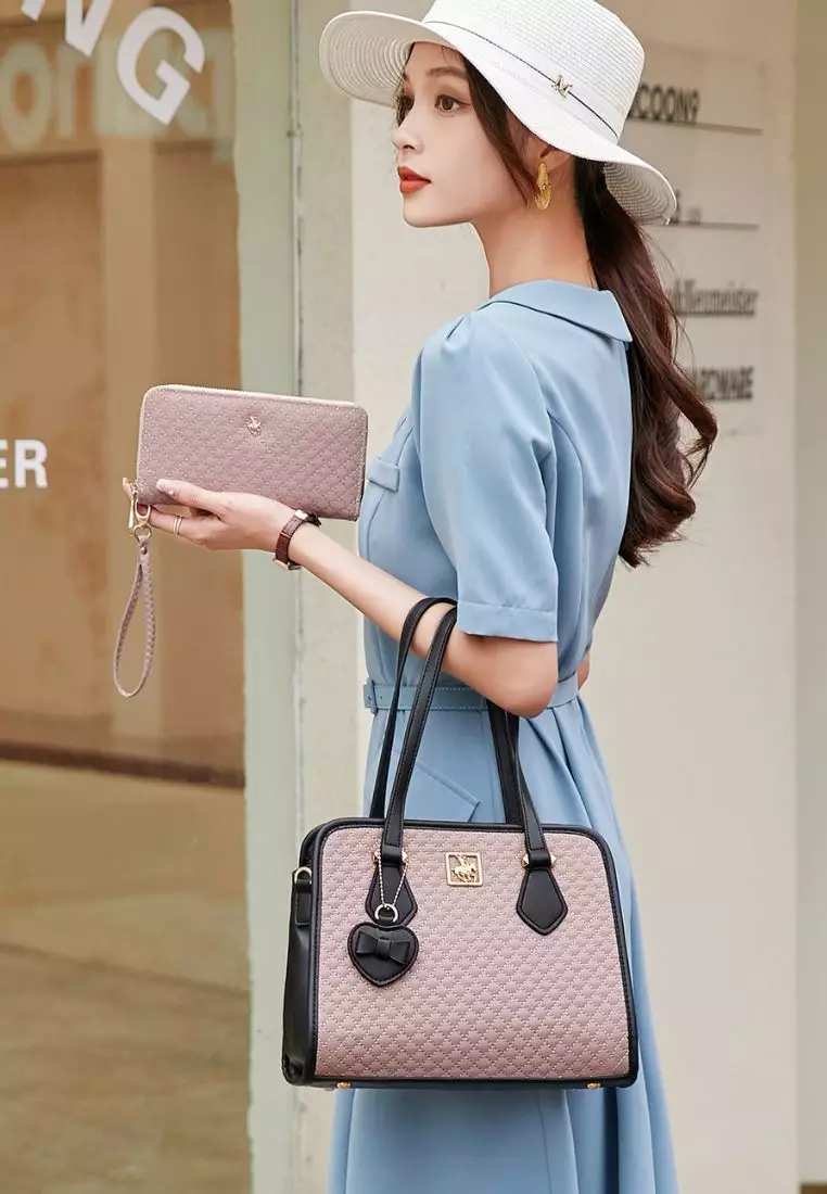 2-In-1 Quilted Top Handle Bag & Zipper Purse - Pink