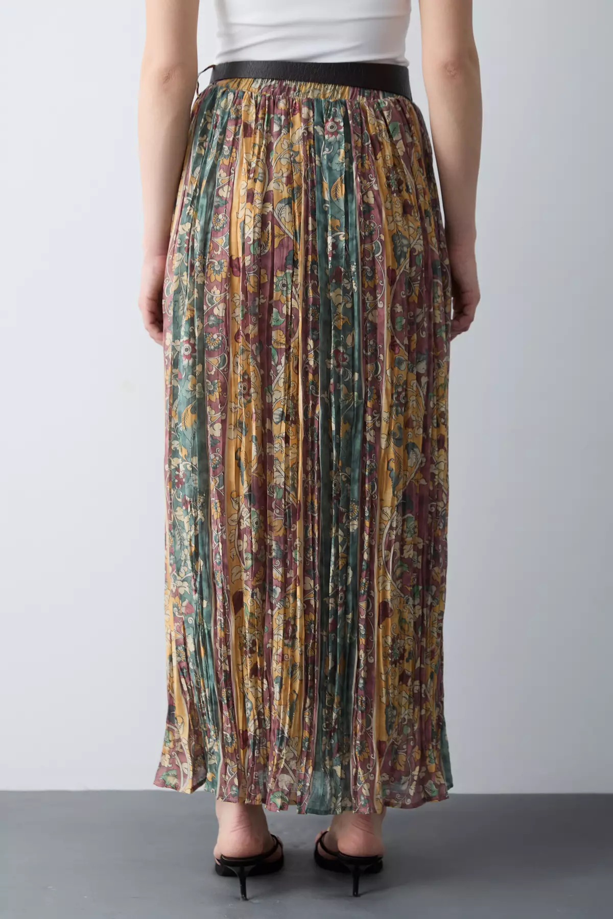 Colorful Shawl Patterned Belted Voile Woven Pleated Long Maxi Skirt Twoss26Et145