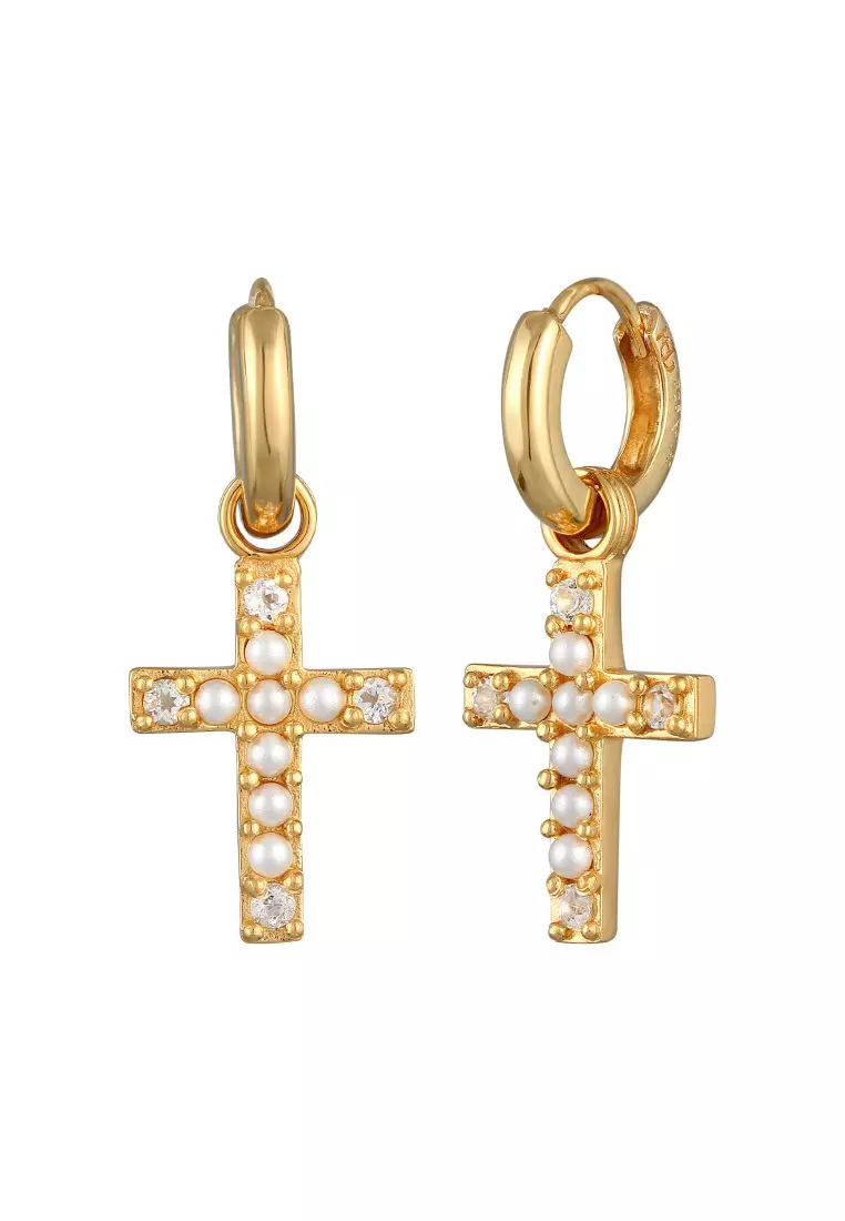 EXCLUSIVE Anting Perhiasan Perak 925 Wanita Pearl Cross Gold Hoop Gold Plated