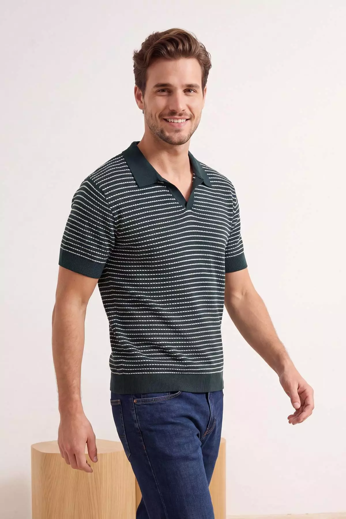 Emerald Green Relaxed Polo Neck Striped Polo Neck T-Shirt Tmnss23Po00026