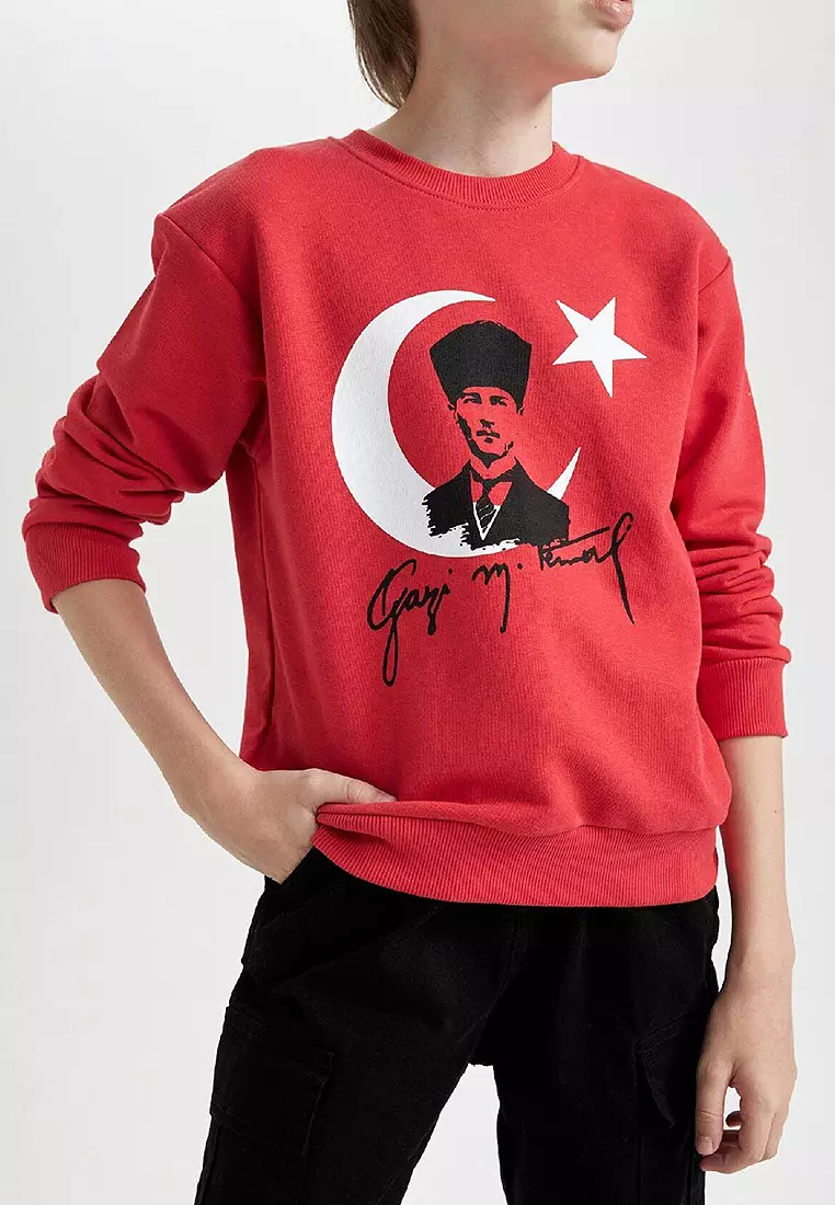 Crew Neck Atatürk Printed Red Sweatshirt
