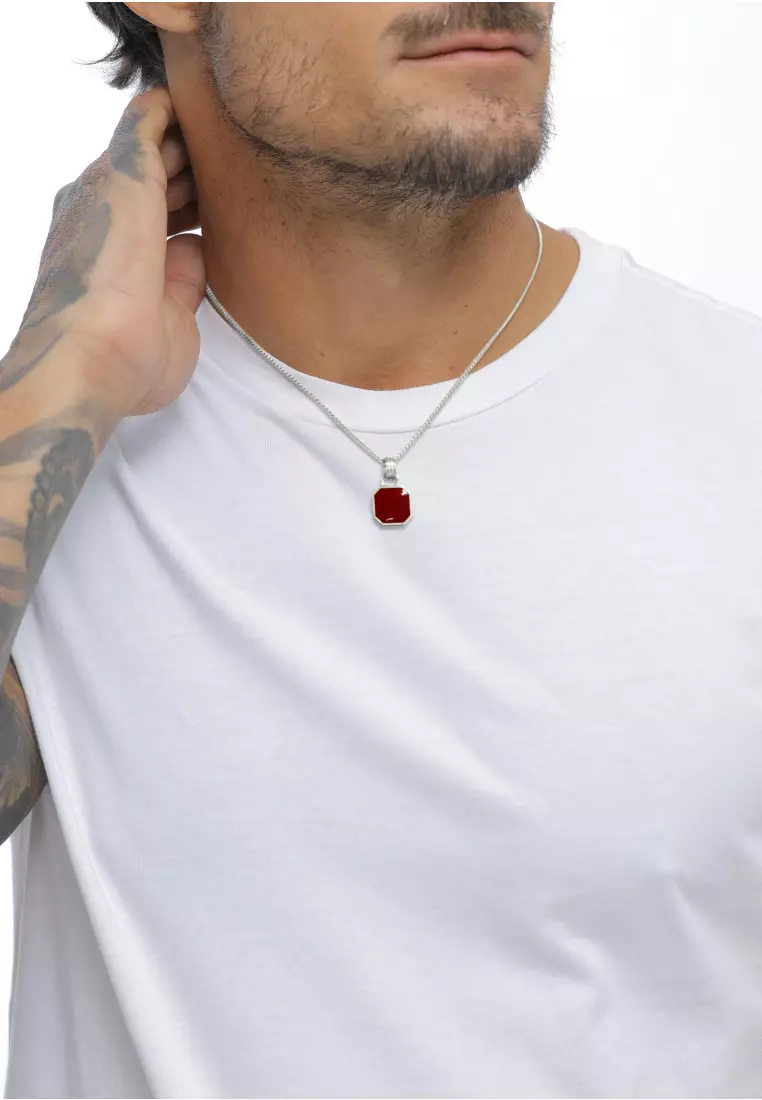 EXCLUSIVE Kalung Perhiasan Perak 925 Pria Geometric Red Enamel