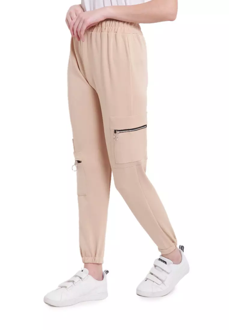 Levana Celana Jogger Zipper Long Pants Rubbery Waist Bawahan Wanita - Cream