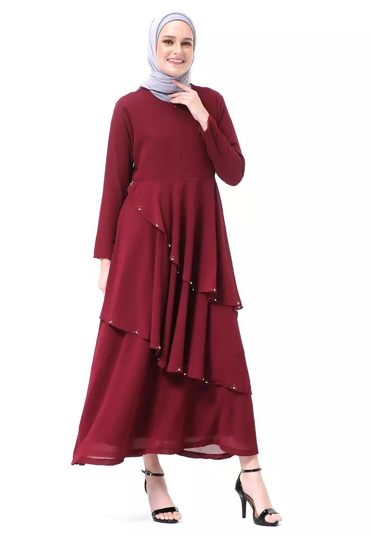 Shafira Dress Muslimah Long Sleeve Motif Polos Premium High Quality - Maroon