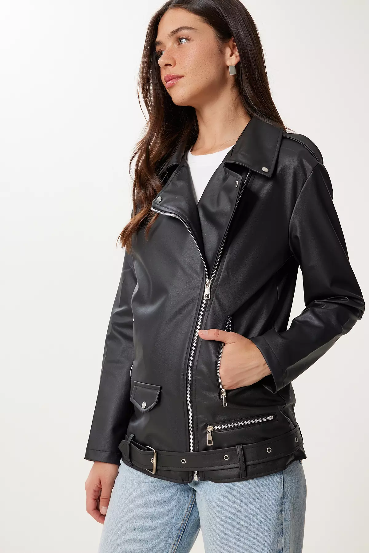 Women's Black Belted Faux Leather Jacket Gz00005