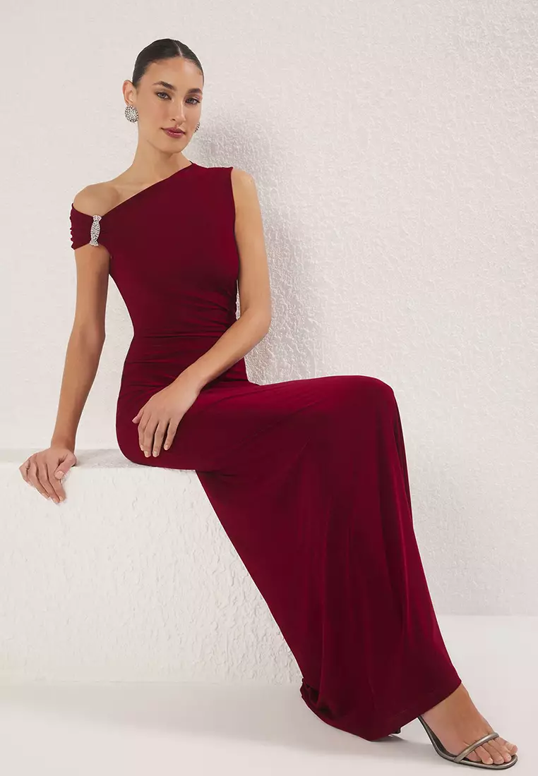 Burgundy Body-fitting Stone Accessory Woven Long Elegant Evening Night Graduation Dress TPRSS24AE00224