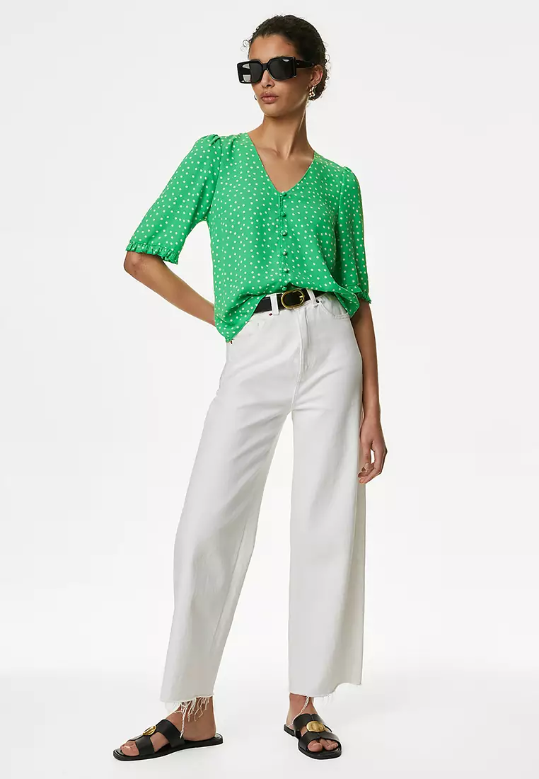 Printed V-Neck Puff Sleeve Blouse