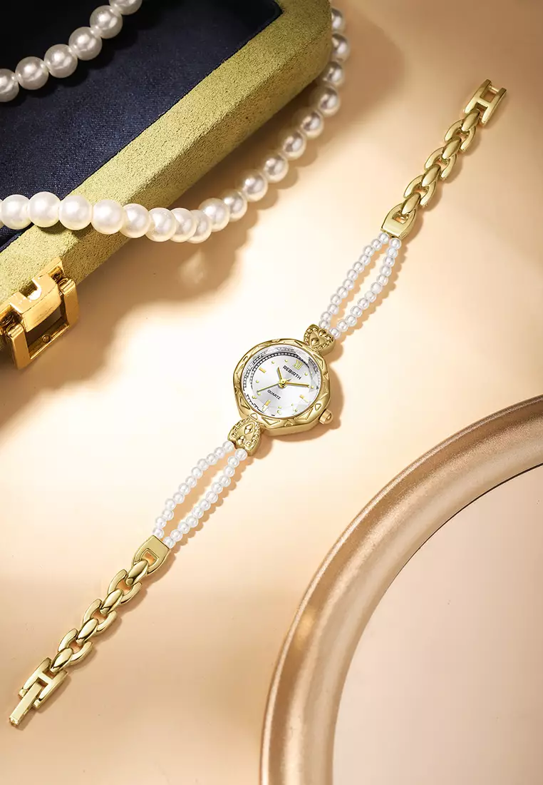 Jam Tangan Wanita Tali Mutiara Alloy Anti Air Quartz Elegan Warna gold white