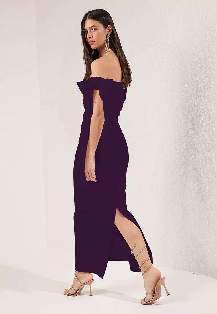 Purple Body Fitted Shoulder Bow Detail Knitted Stylish Evening Dress