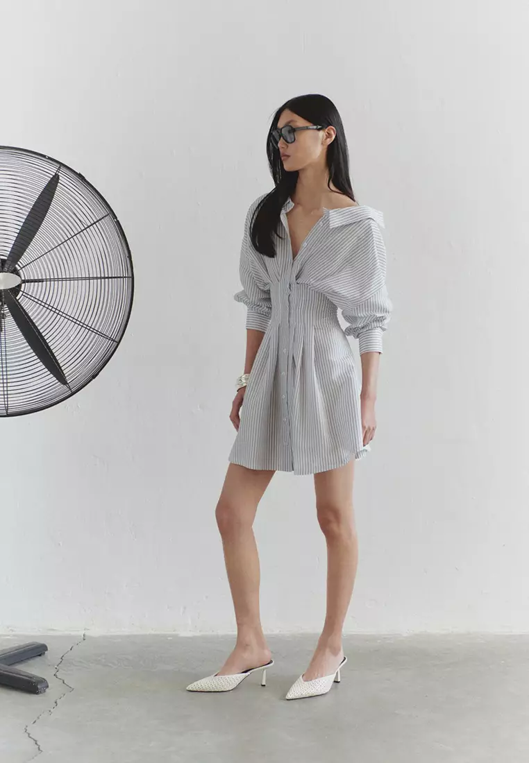Limited Edition Grey-White Striped Poplin Collar Detail Mini Woven Shirt Dress TWOSS25EL00590