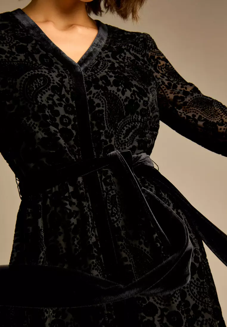 chinese dress ladies FS Collection Women's Floral Velvet Devore Long Sleeve Wrap Midi Dress in Navy main image 1