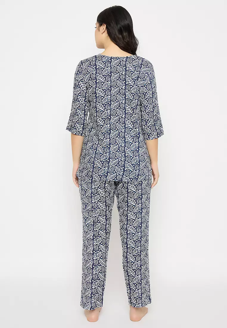 Clovia Leaf Print Top & Pyjama Set in Navy - Rayon