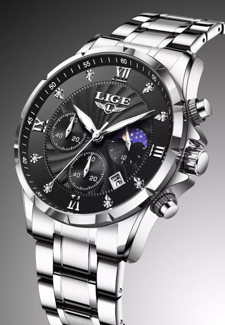 Chronograph Unisex Stainless Steel Quartz Watch, black dial, on Steel Bracelet