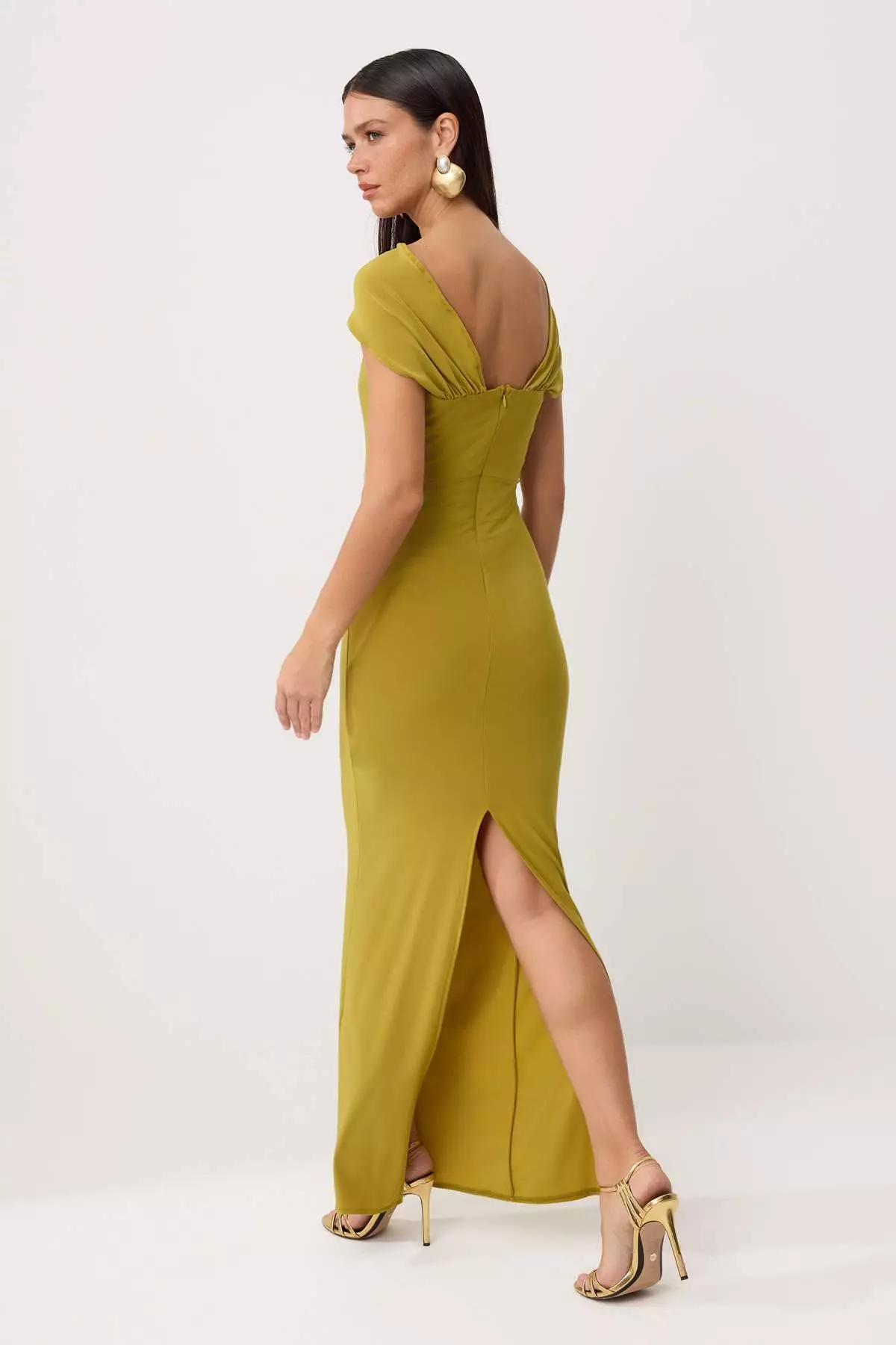 Oil Green Plain Woven Sandy Maxi Evening Dress & Graduation Dress