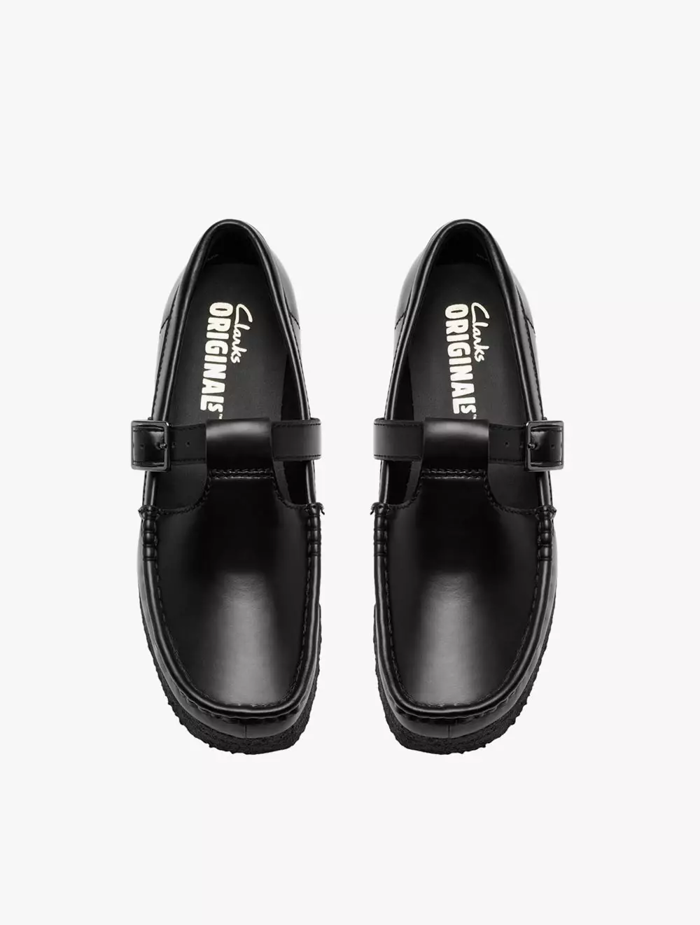 Clarks Wallabee T Bar Blk HiShine Lea