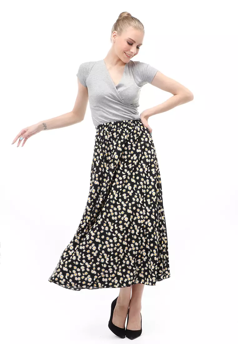 Rok Plisket Motif Print Design Vintage Rubbery Waist Bawahan Wanita - Daisy Kecil Hitam