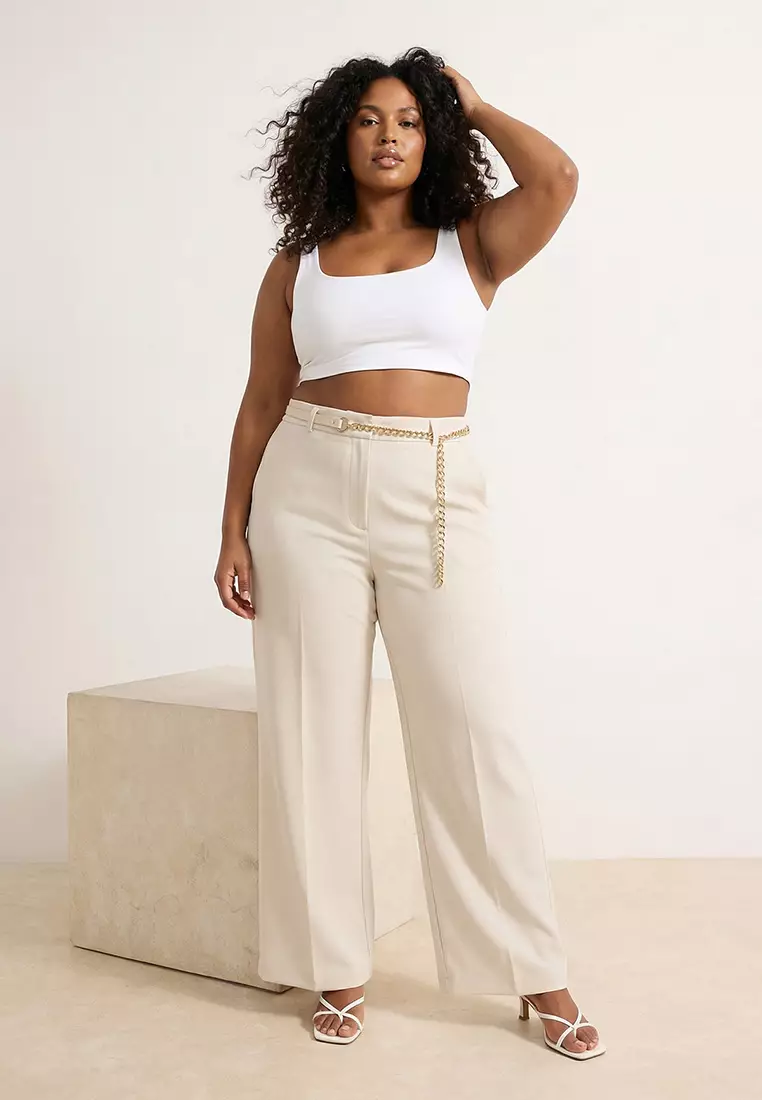 Ecru High Waist Pipe Leg Accessory Detailed Plus Size Woven Trousers Tbbss26Ar00015
