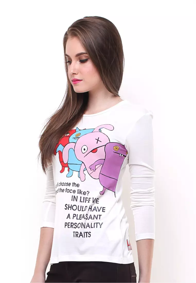 LGS - Slim Fit - Kaos Wanita - Gambar Sablon - Lengan Panjang - Putih
